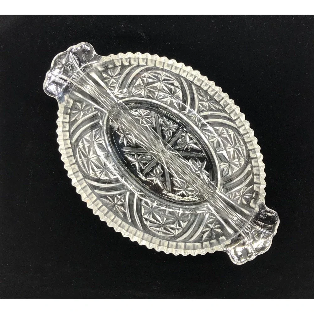 Vintage Clear Pressed Glass Divided Relish Dish Starburst Oval Serving‎ Tray 10